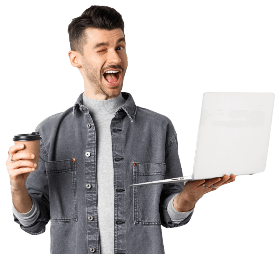 happy male worker drinking coffee and work with la 2025 03 06 04 49 51 utc